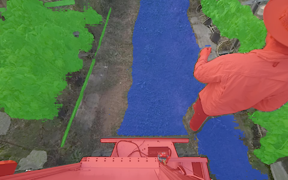 AI semantic segmentation showing green crop canopy, blue traversable row and a detected person